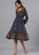 Women Navy Blue Georgette Printed Midi Dress
